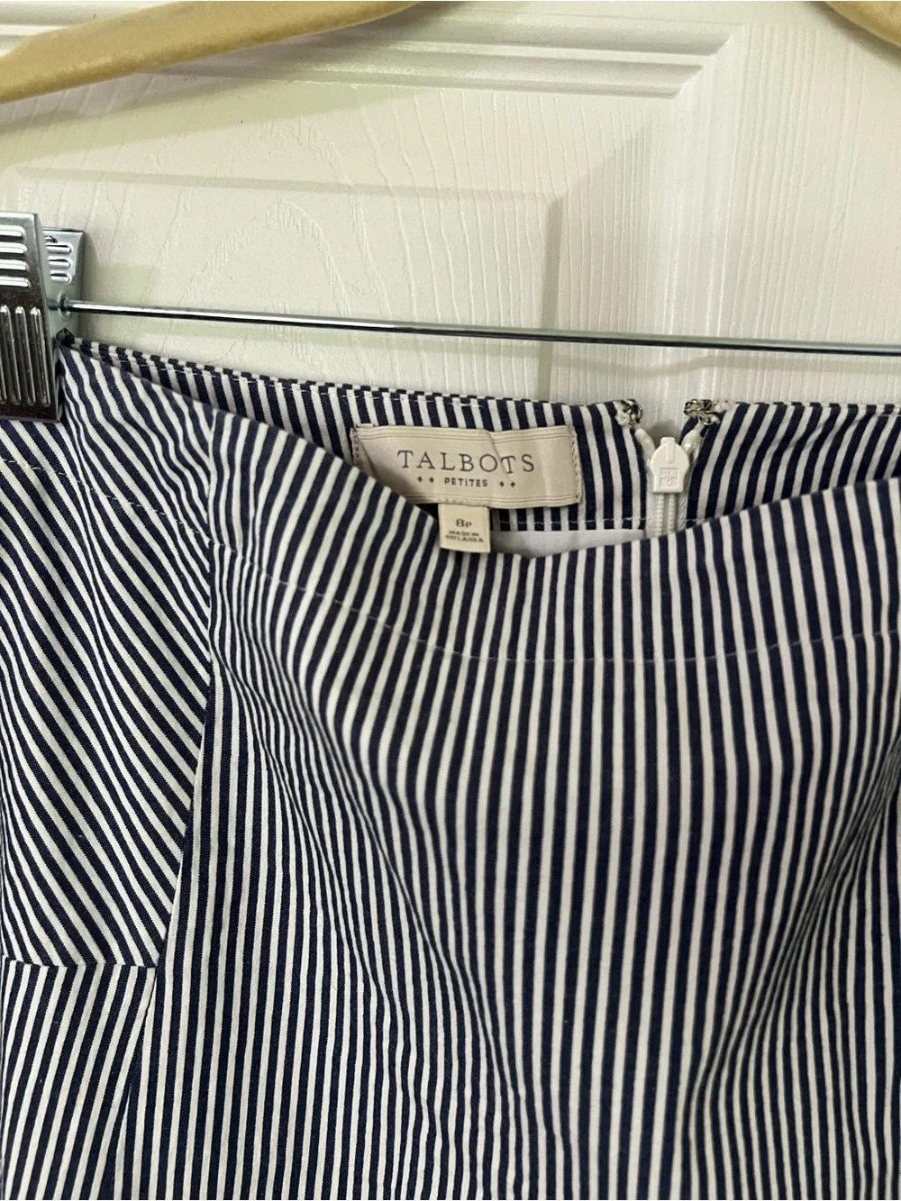 Talbots Women’s 8P Blue White Striped Woven Cotton Spandex A-Line Zip Skirt